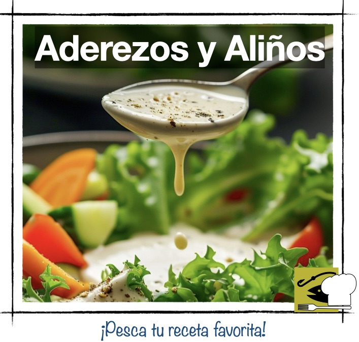 Cuchara con aderezo cremoso cayendo sobre una ensalada verde. Miniatura de categoría de Aderezos y Aliños para ensaladas en Pescandorecetas.com.
