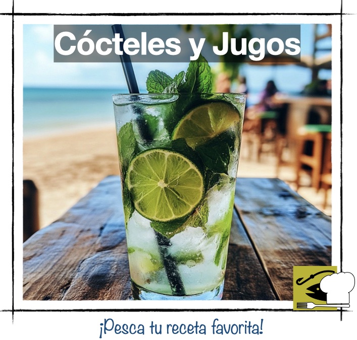 Vaso de mojito con limón y menta en una mesa de playa. Miniatura de categoría de Cócteles y Jugos en Pescandorecetas.com.