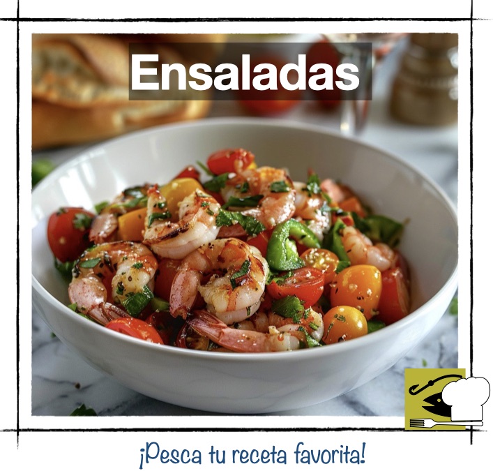 Bowl de ensalada fresca con gambas, tomates cherry y hojas verdes. Miniatura de categoría de recetas de Ensaladas en Pescandorecetas.com.
