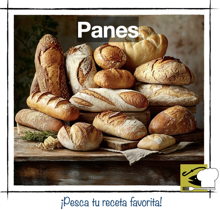 Surtido de panes caseros y artesanales de diferentes tipos, sobre una tabla de madera. Miniatura de categoría de Panes en Pescandorecetas.com.