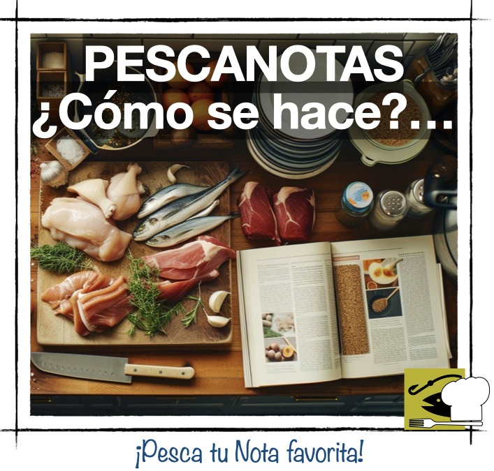Mise en place de diferentes proteínas (pescado, pollo y carne) junto a un cuchillo de chef y un libro de recetas. Miniatura de PESCANOTAS sobre trucos y técnicas de cocina.