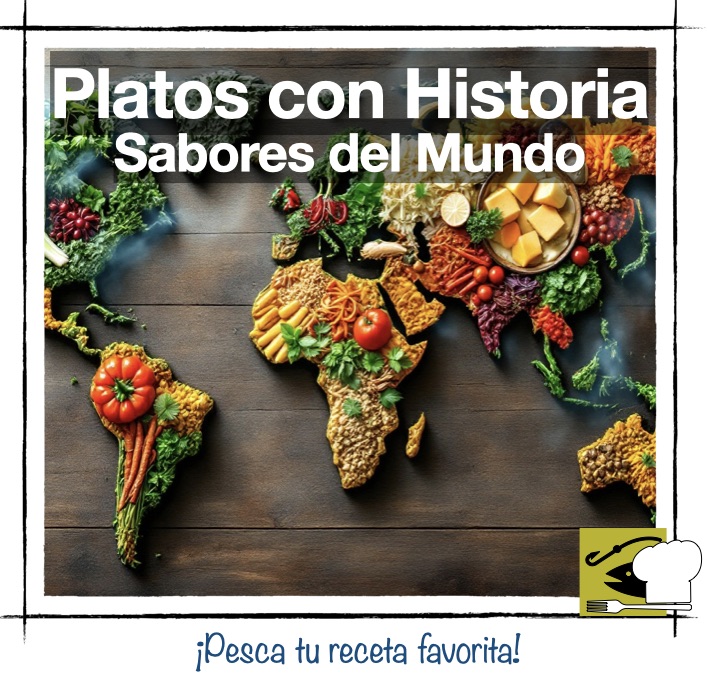 Mapa del mundo creado con especias, vegetales y granos sobre una mesa de madera. Miniatura de la sección PLATOS CON HISTORIA y Sabores del Mundo en Pescandorecetas.com.