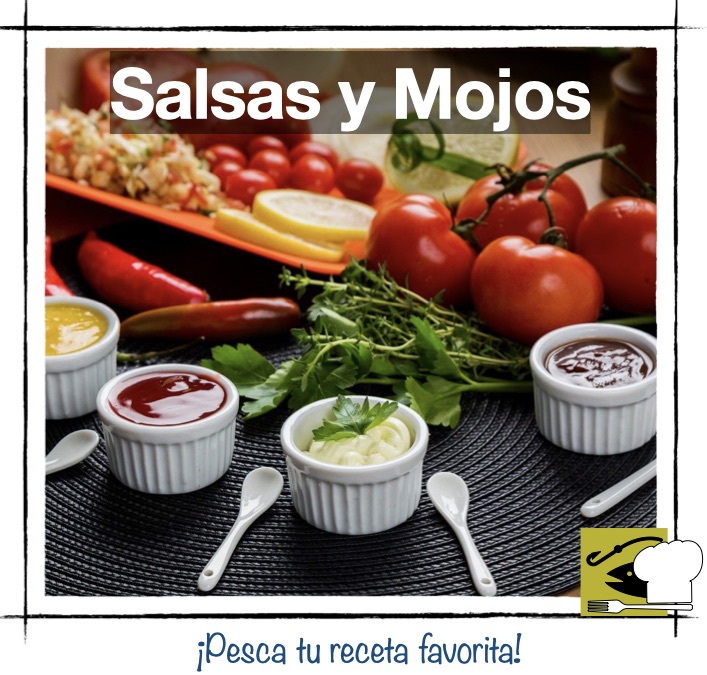Miniaturas de diferentes salsas (roja, blanca, mostaza) junto a tomates e ingredientes frescos. Miniatura de categoría de Salsas y Mojos en Pescandorecetas.com.