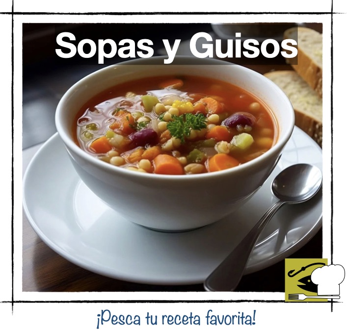 Tazón de sopa de pescado y verduras con cuchara. Miniatura de categoría de recetas de Sopas y Guisos en Pescandorecetas.com.