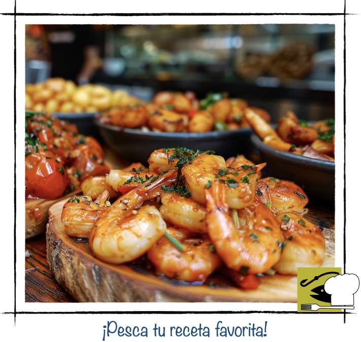 Tabla de madera con gambas salteadas al ajillo y perejil, acompañadas de otros picoteos marineros al fondo.