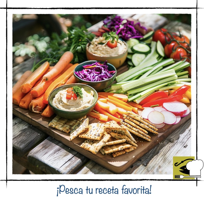 Tabla de madera con crudités de zanahoria, tomatitos, pepino y rábano, servidos con dos cuencos de hummus y galletas saladas.