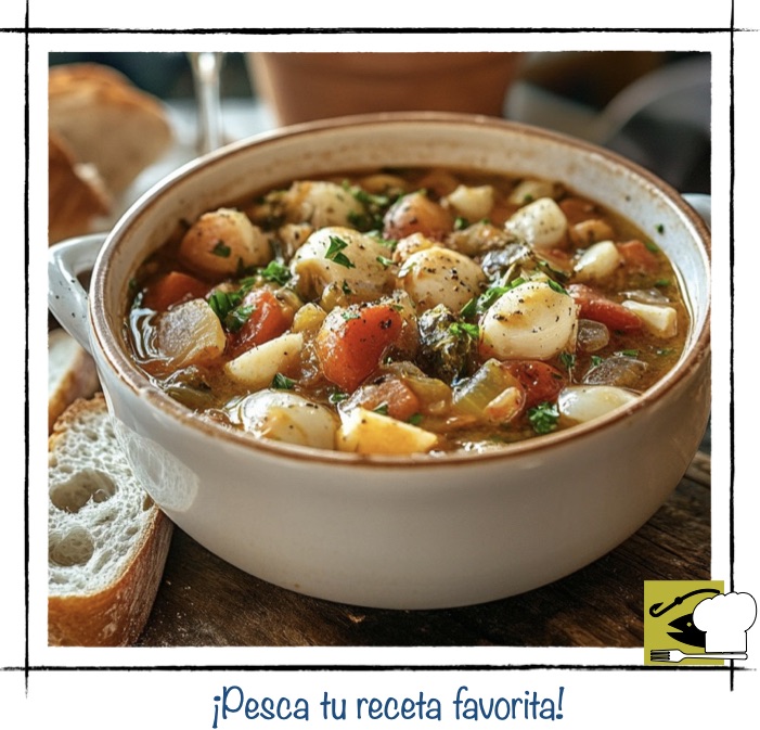 Guiso marinero tradicional de vieiras con patatas cocidas en una salsa espesa de verduras.