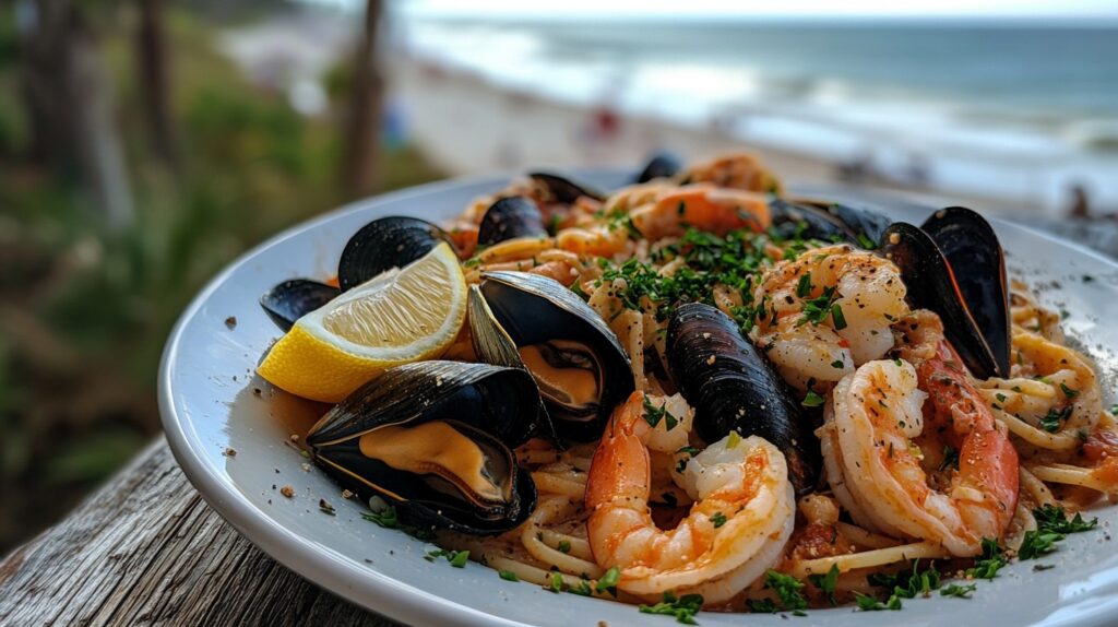 Plato de pasta con mariscos frescos, gambas y mejillones, una receta fácil de Pescandorecetas.com