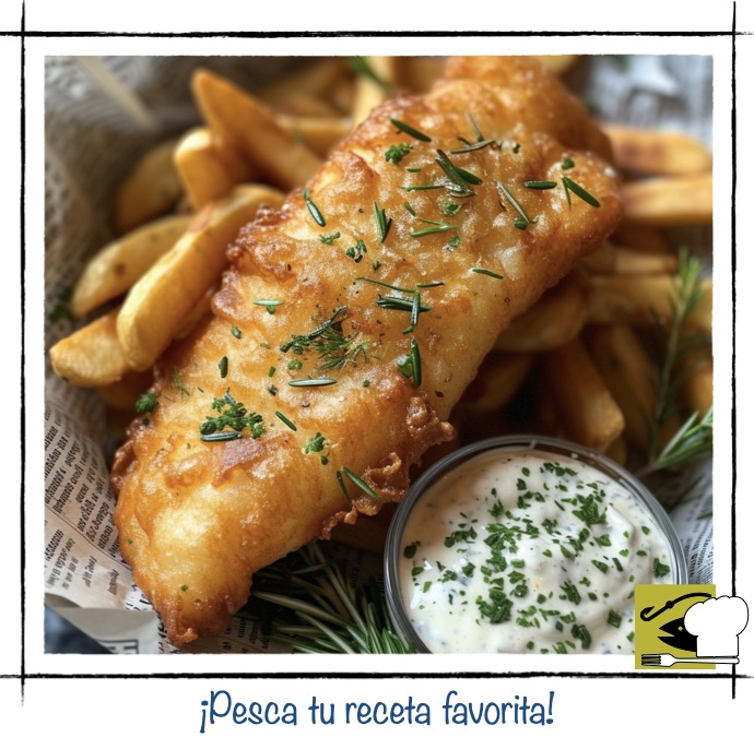 Filete de pescado rebozado y frito muy crujiente servido con patatas fritas y salsa tártara.