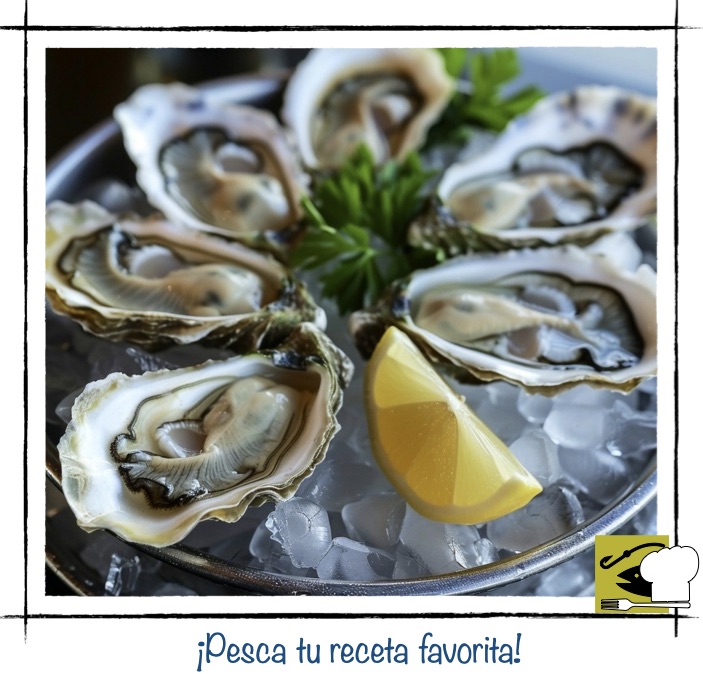 Ostras frescas abiertas servidas sobre hielo con rodaja de limón