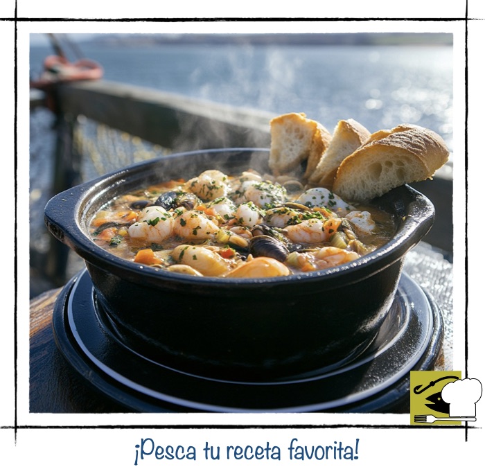 Cazuela de barro con guiso de mariscos gambas almejas y rodajas de pan