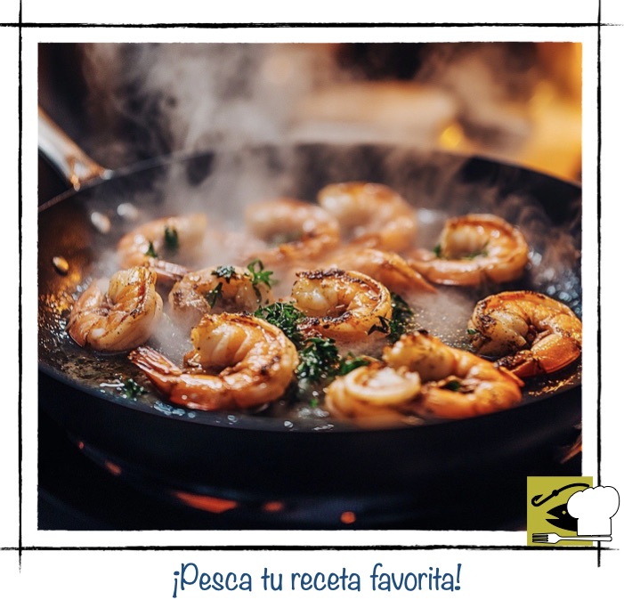 Gambas frescas saltando en la sartén a la plancha con perejil y humo