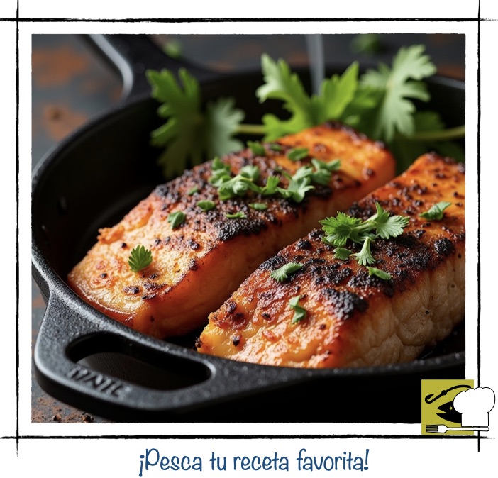Dos filetes de salmón a la plancha con costra dorada servidos en una sartén de hierro con perejil fresco.
