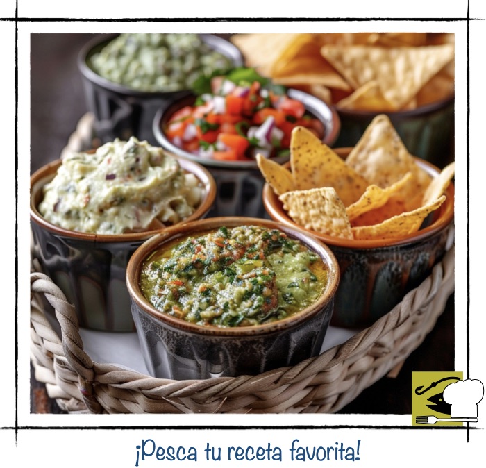 Variedad de salsas para dipear en boles de cerámica con guacamole, pico de gallo y totopos de maíz.