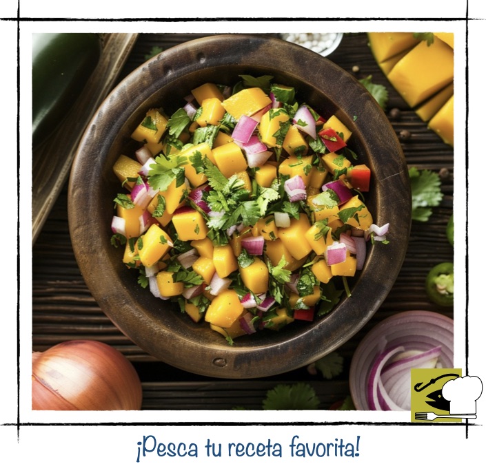 Bol de madera con salsa exótica de mango picado, cebolla morada y cilantro fresco.