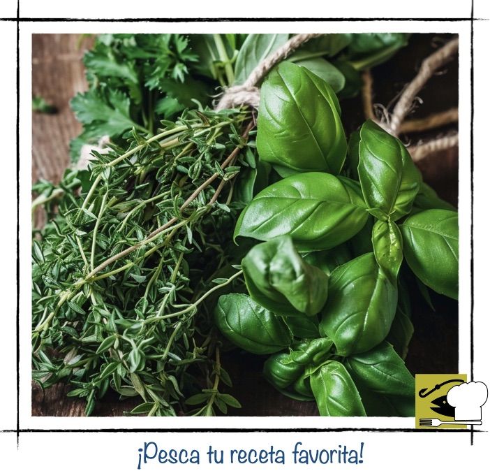 Manojo fresco de albahaca, tomillo y perejil atado con cuerda sobre una mesa de madera oscura.