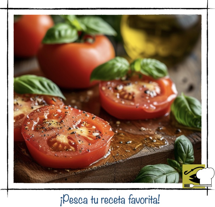 Rodajas de tomate fresco sazonadas con pimienta, sal y albahaca sobre una tabla de madera rústica.