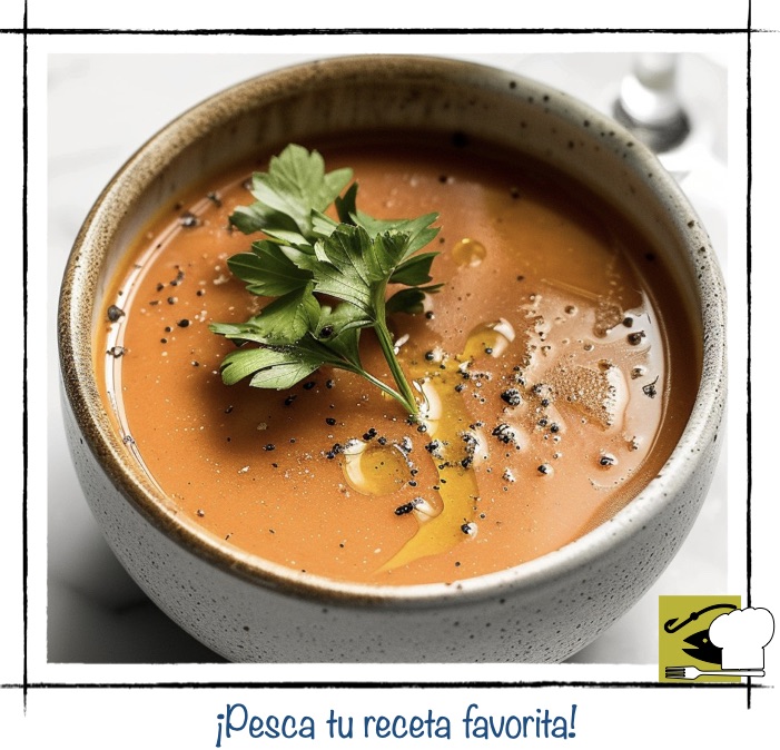 Cuenco de gazpacho rojo suave decorado con aceite de oliva y hierbas aromáticas.