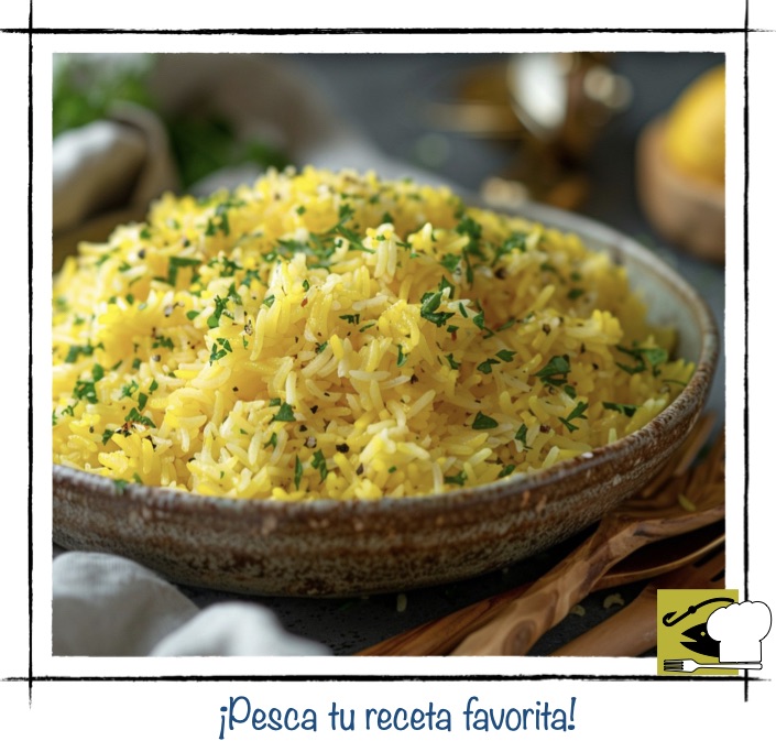 Cazo con arroz amarillo aromático decorado con perejil fresco, una guarnición versátil para platos de mariscos y pescados.