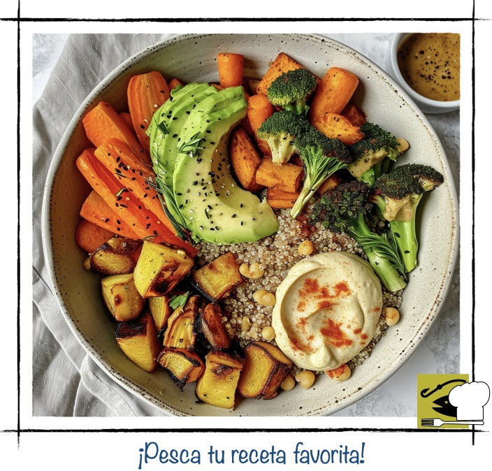 Bowl de dieta equilibrada con base de quinoa, aguacate, brócoli asado, palitos de zanahoria y hummus, mostrando la importancia de las guarniciones en una alimentación sana.