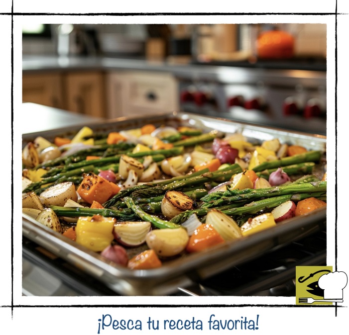 Bandeja de verduras variadas asadas al horno con espárragos trigueros, cebolla morada y pimientos, ideal como guarnición saludable para pescados.