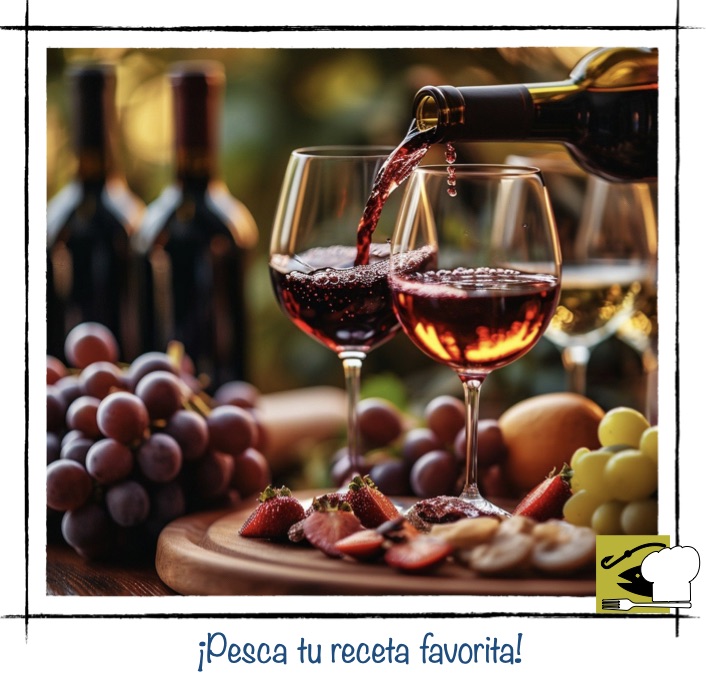 Servido de vino tinto en copa de cristal junto a uvas frescas y fresas, ideal para aprender sobre maridaje con platos marinos.