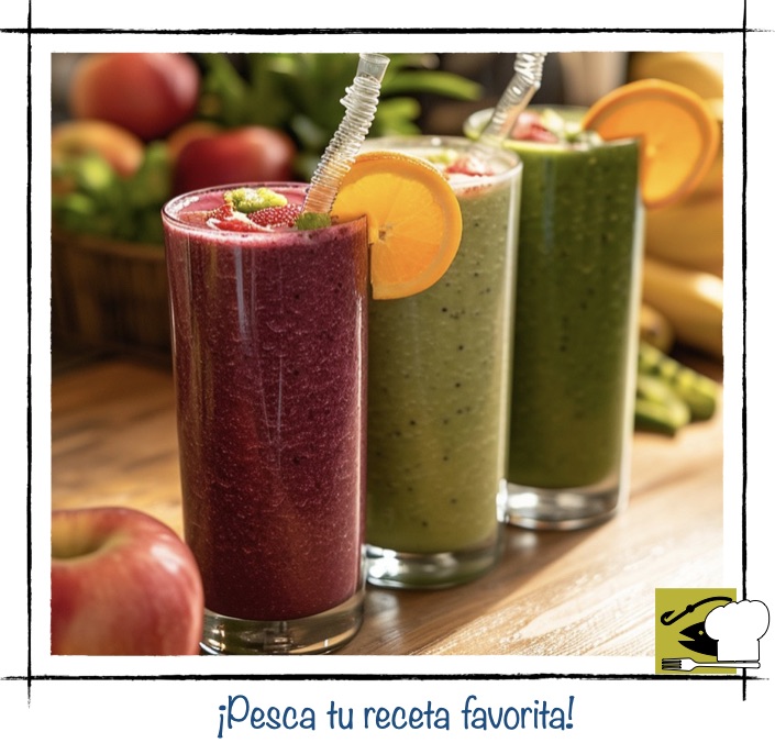 Tres vasos altos con jugos naturales de frutos rojos, kiwi y naranja, decorados con fruta fresca y pajitas sobre una mesa de madera.