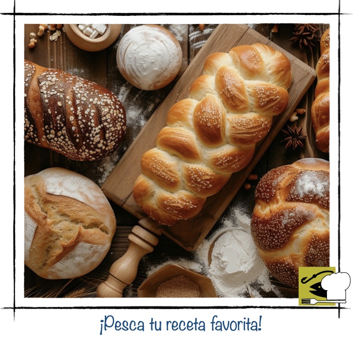 Variedad de panes artesanales caseros con trenzas doradas, hogazas enharinadas y semillas, ideales para acompañar platos de pescado.