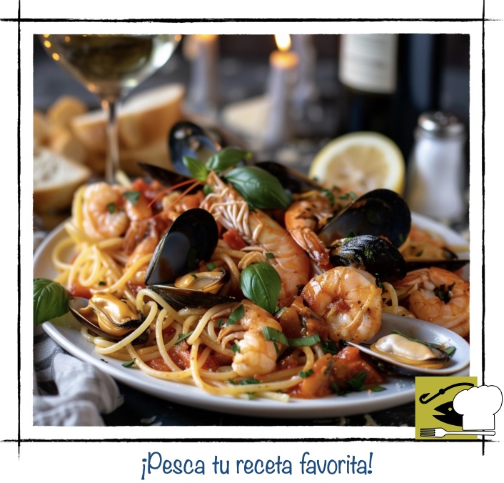 Plato de espaguetis con langostinos, mejillones y albahaca fresca en salsa de tomate, receta de pasta marinera de Pescandorecetas.