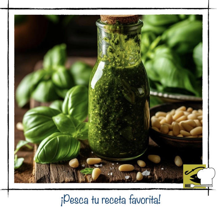 Frasco de salsa pesto de albahaca fresca con piñones y aceite de oliva sobre una tabla rústica de madera.