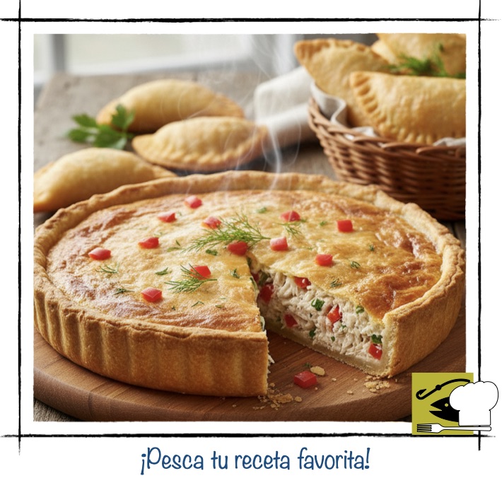 Tarta salada o quiche de pescado recién horneada junto a empanadillas doradas en una cesta de mimbre.