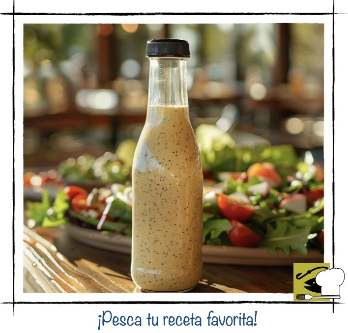 Botella de vinagreta casera con semillas de mostaza y especias sobre una mesa de madera con ensaladas frescas al fondo.