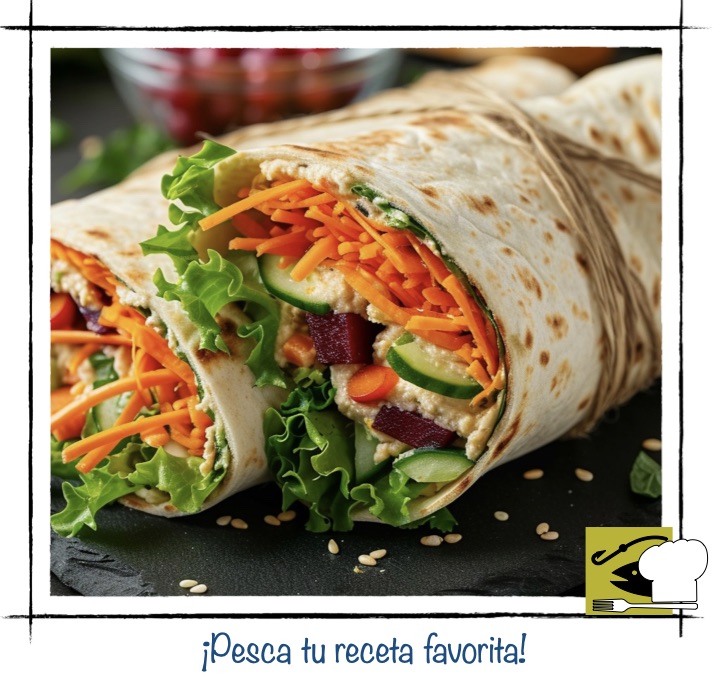 Wrap saludable relleno de hummus, zanahoria rallada, pepino y remolacha, ideal para una cena rápida y ligera.