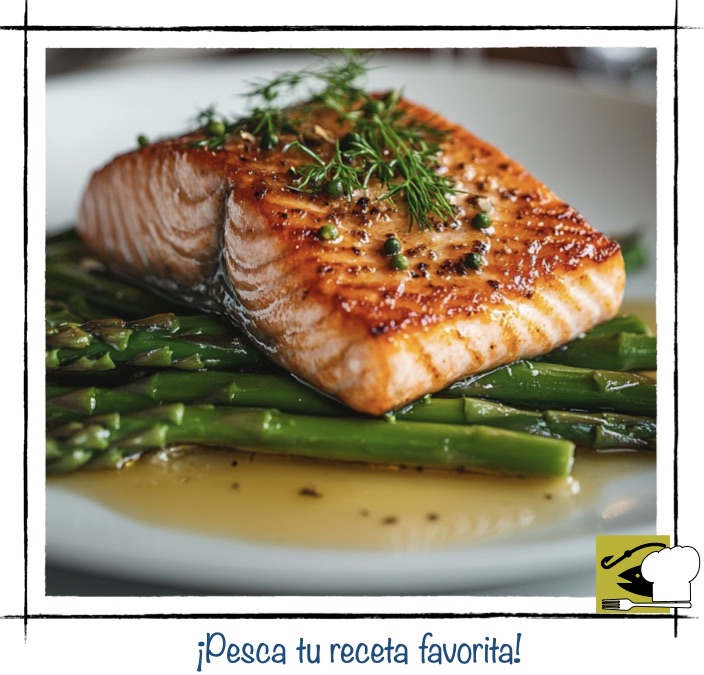 Lomo de salmón a la plancha perfectamente sellado servido sobre una cama de espárragos trigueros salteados, ilustrando cómo elevar un plato con vegetales irresistibles.