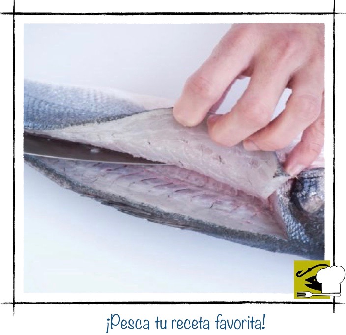 Tercer paso del fileteado: pasando el cuchillo a ras de la espina central para empezar a separar el lomo del pescado.