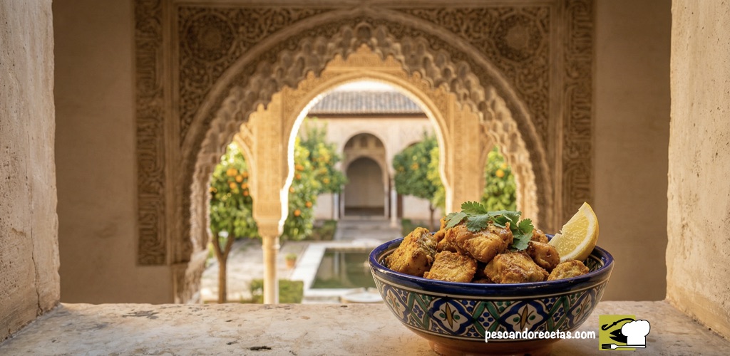 Pescado en adobo andalusí en bol de cerámica nazarí frente a los arcos de la Alhambra.