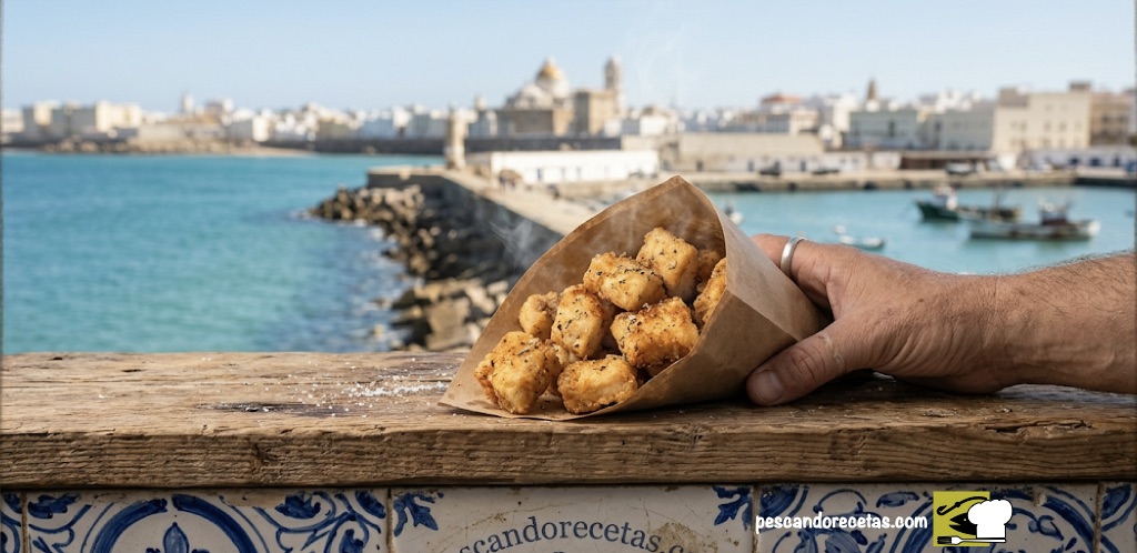 Cazón en adobo en papel de estraza con vistas al puerto y la Catedral de Cádiz.