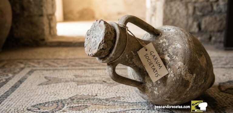 Ánfora romana de cerámica con etiqueta Garum Societatis sobre mosaico antiguo de peces.