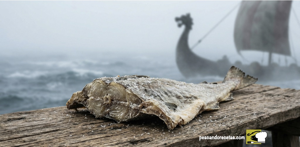 Lomo de bacalao seco sobre madera rústica con drakkar vikingo al fondo en la niebla.