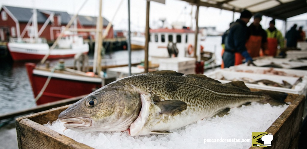 Primer plano de un bacalao Skrei noruego fresco sobre una cama de hielo picado en un mercado pesquero tradicional de las Islas Lofoten.