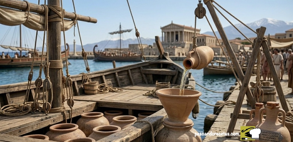 Cubierta de un barco mercante romano con grandes tinajas (dolia) en la bodega para el transporte de salsa Garum desde Hispania.
