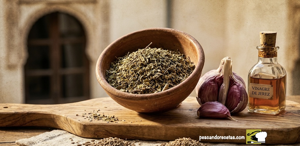 Ingredientes del adobo original: orégano, ajo morado, comino y vinagre de Jerez rústico.