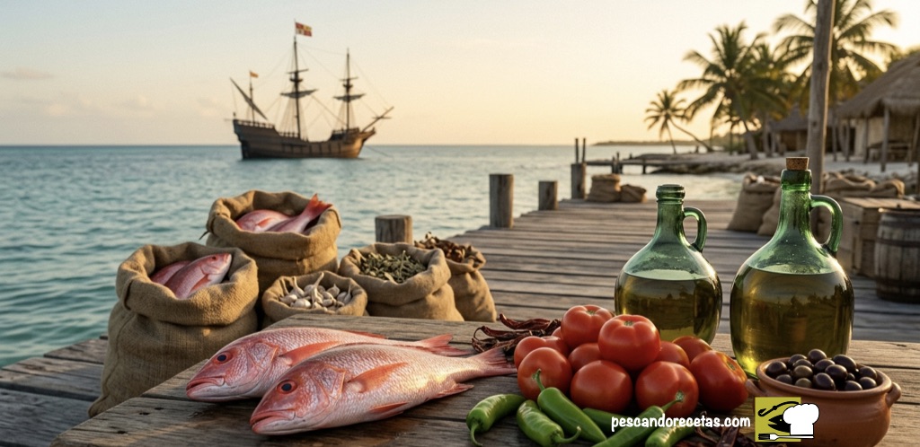 Bodegón rústico en el puerto de Veracruz en 1519: Huachinango fresco, tomates, chiles y botellones de aceite de oliva, con un galeón español al fondo.