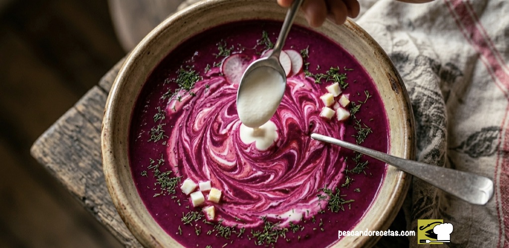 Primer plano de Borscht de remolacha con espirales de crema agria rosa, eneldo y rábano.