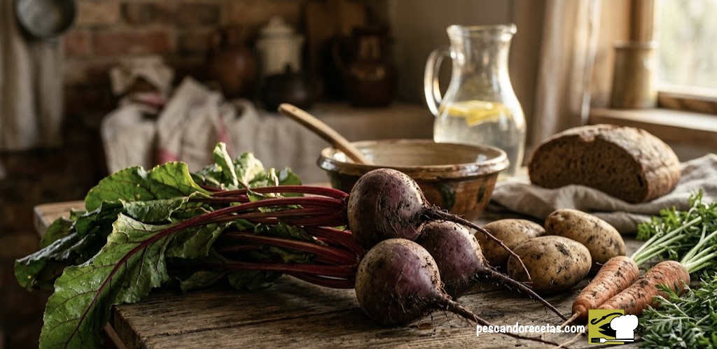 Ingredientes frescos para Borscht de remolacha: raíces con hojas, patatas y zanahorias en cocina rústica.