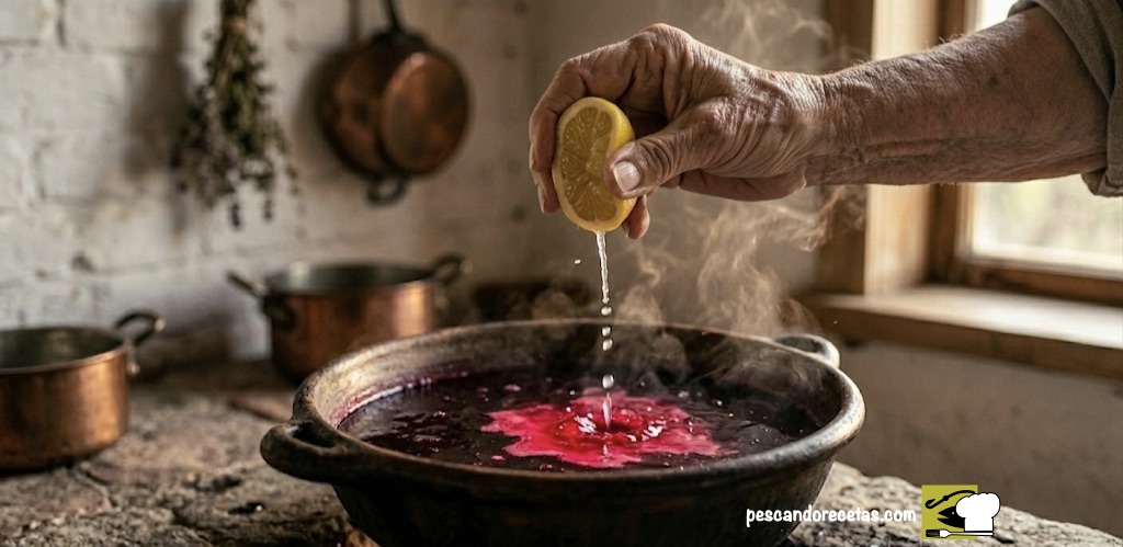 Mano de anciana exprimiendo limón sobre una olla de Borscht de remolacha cambiando el color a rubí.