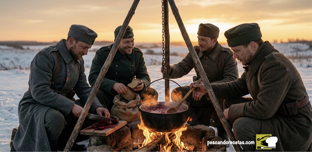 Soldados en la nieve compartiendo una olla de Borscht de remolacha al fuego durante el atardecer.