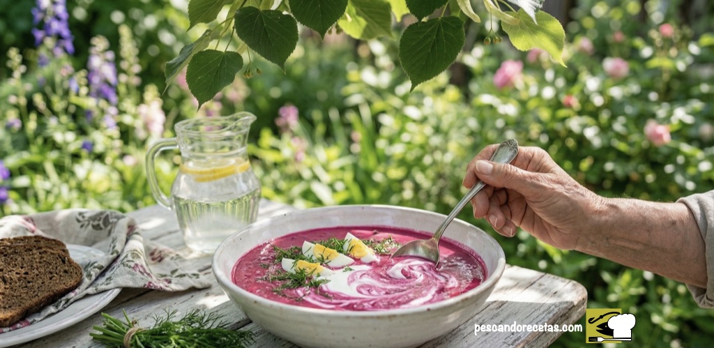 Plato de sopa fría de remolacha servido en una mesa de jardín con flores y luz natural de verano.