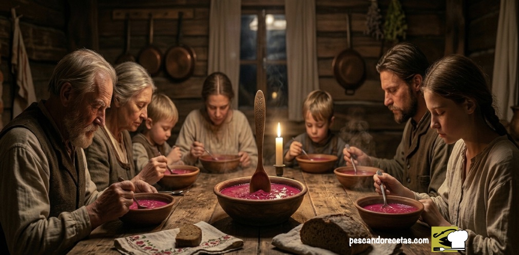 Familia comiendo en silencio alrededor de una mesa de madera con una cuchara de madera en pie en el Borscht.