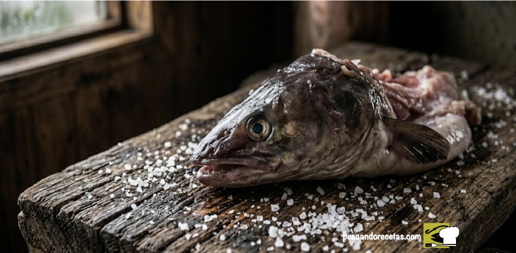 Cabeza de congrio colorado fresco sobre tabla de madera envejecida con cristales de sal gruesa en primer plano detalle.